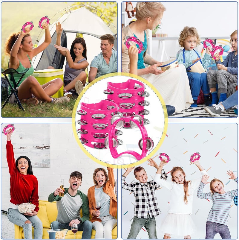 Lukmaa 12 Pcs Plastic Percussion Tambourine with 4 Bells Rhythm Musical Instruments for Adults Hand Tambourine Hand Held Percussion Drum for Party Kindergarten Family School Supplies (Pink) - Image 4